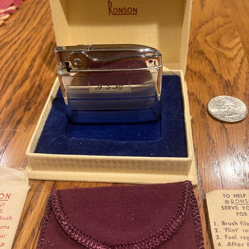 Vintage Ronson Adonis monogrammed lighter in original box